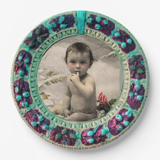 BABYS ERSTE CHRISTMAS FOTOVORLAGE BLAU PAPPTELLER (Vorderseite)