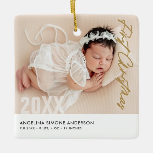 Babys erste Weihnachten 2-Foto Name & Geburtsdetai Keramikornament (Vorderseite)