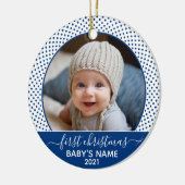 Babys Erste Weihnachten - Blaue weiße Polka Punkte Keramik Ornament (Links)