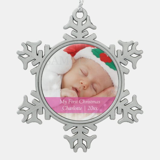 Babys Erste Weihnachten Personalisierte Fotovorlag Schneeflocken Zinn-Ornament (Vorderseite)