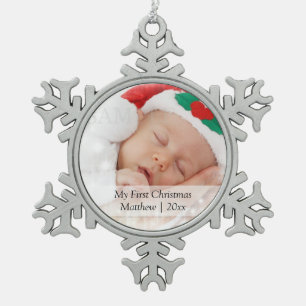 Babys Erste Weihnachten Personalisierte Fotovorlag Schneeflocken Zinn-Ornament