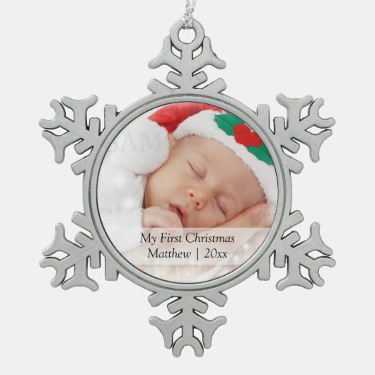 Babys Erste Weihnachten Personalisierte Fotovorlag Schneeflocken Zinn-Ornament (Vorderseite)