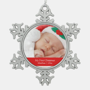 Babys Erste Weihnachten Personalisierte Fotovorlag Schneeflocken Zinn-Ornament