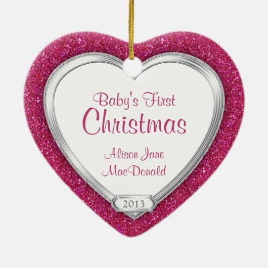 Babys Erste Weihnachten Rosa Silberes Foto Weihnac Keramik Ornament (Hinten)