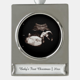 Babys Erste Weihnachtsschwangerschaft Ultrasound F Banner-Ornament Silber