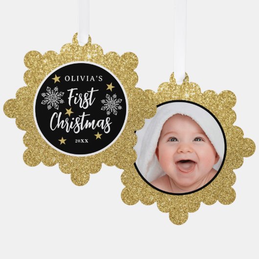 Babys Erste Weihnachtszeit Foto Gold Glitzer Ornament Karte (Vorderseite/Rückseite)
