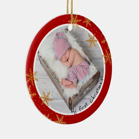Babys Erste Weihnachtszeit Rotes Gold Snowflakes F Keramik Ornament (Rechts)