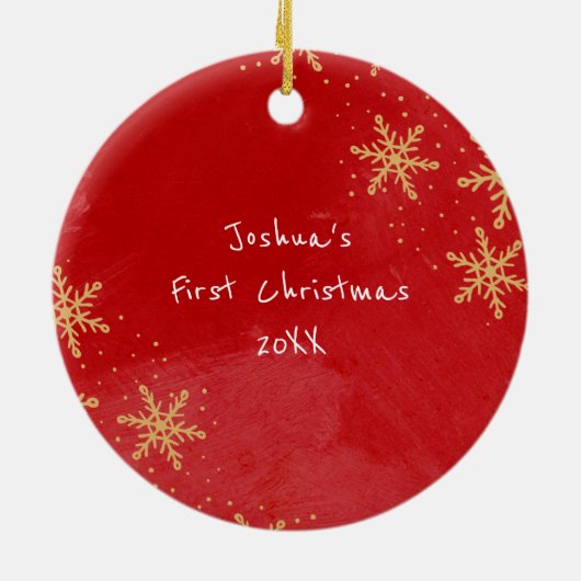 Babys Erste Weihnachtszeit Rotes Gold Snowflakes F Keramik Ornament (Hinten)