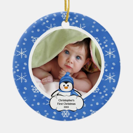 Babys erster WeihnachtsFoto-VerzierungPenguin Keramikornament (Vorne)