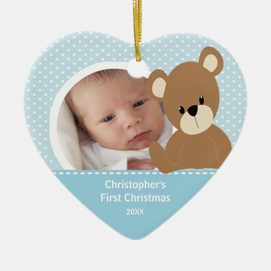 Babys erster WeihnachtsFoto-Verzierungs-Jungen-Bär Keramik Ornament (Vorne)