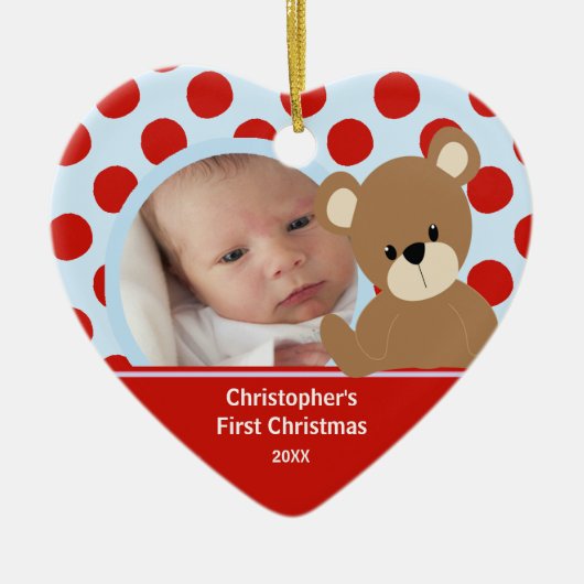 Babys erster WeihnachtsFoto-Verzierungs-Jungen-Bär Keramik Ornament (Vorne)