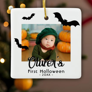 Baby's erstes Halloween-Schwarze Fledermäuse-Foto Keramikornament