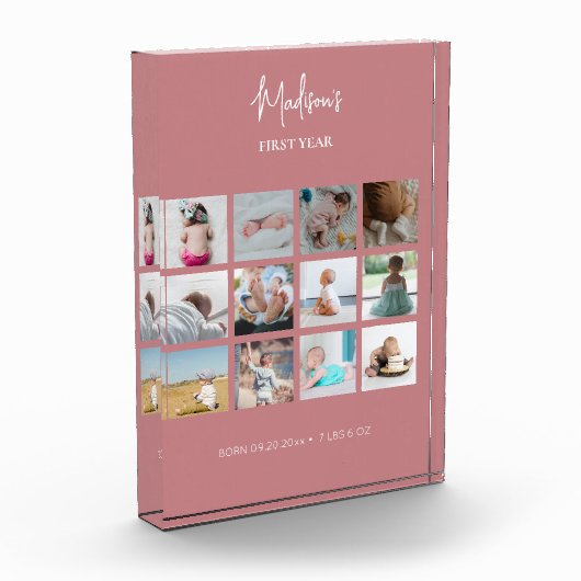 Babys erstes Jahr Foto Collage Geburtsstunde rosa (Links)