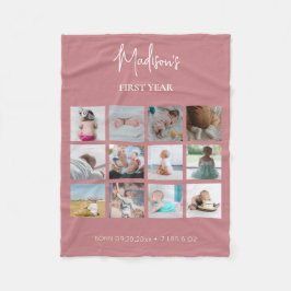 Babys erstes Jahr Foto Collage Geburtsstunde rosa Fleecedecke