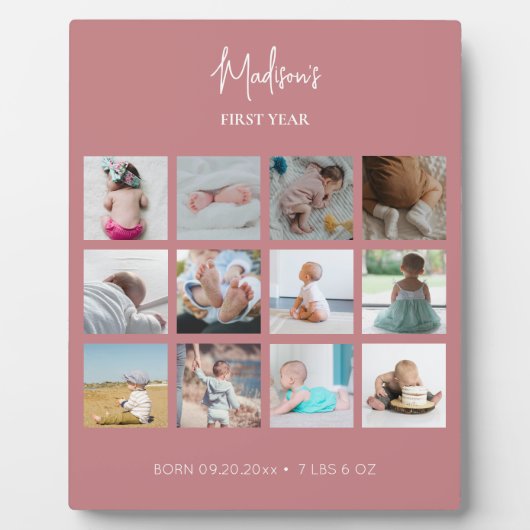 Babys erstes Jahr Foto Collage Geburtsstunde rosa Fotoplatte (Vorderseite)