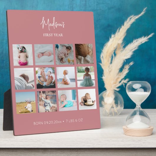 Babys erstes Jahr Foto Collage Geburtsstunde rosa Fotoplatte (Seite)