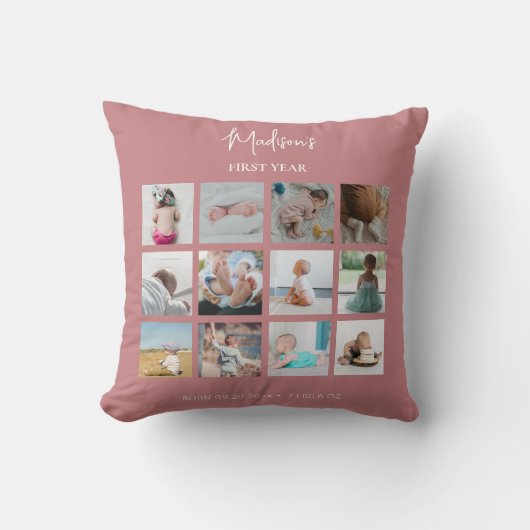 Babys erstes Jahr Foto Collage Geburtsstunde rosa Kissen (Vorderseite)
