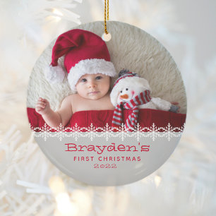 Baby's erstes Weihnachten 2023 Foto Rot Grau Keramik Ornament
