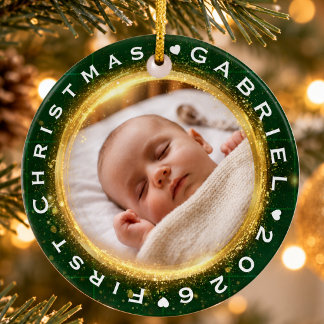 Baby's erstes Weihnachten grün-goldene Foto-Erinne Keramik Ornament