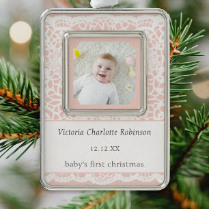 Baby's erstes Weihnachten Rosa Weiß Spitze Foto Rahmen-Ornament Silber