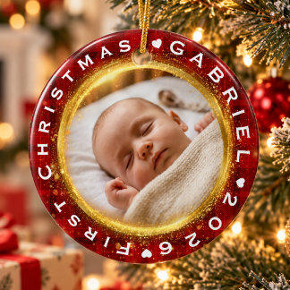 Baby's erstes Weihnachten Rot Gold Foto-Andenken Keramik Ornament