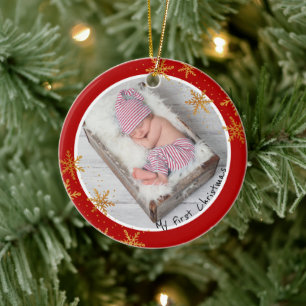 Babys erstes Weihnachten Rot Gold Schneeflocken Fo Keramik Ornament