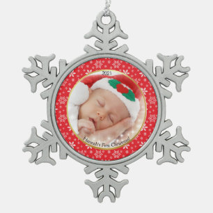 Baby's erstes Weihnachten rote weiße Schneeflocken Zinn-Ornament