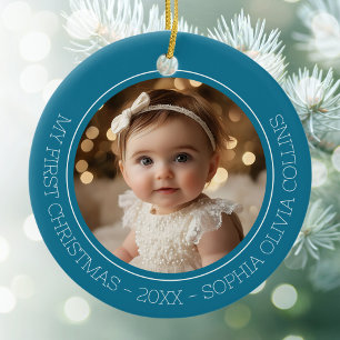 Baby's erstes Weihnachten Teal Modern 2 Foto Neuge Keramik Ornament