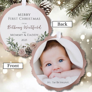 Baby's erstes Weihnachts-Roségold-Foto-Andenken Ornament Karte