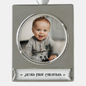 Babys erstes Weihnachtsfest-Foto Banner-Ornament Silber (Vorderseite)
