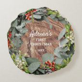 Babys erstes Weihnachtsfest-Foto Rundes Kissen (Rückseite)
