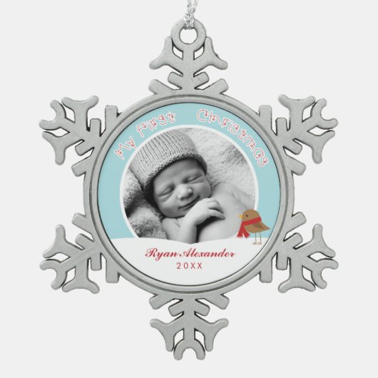 Babys erstes Weihnachtsfest-Foto Schneeflocken Zinn-Ornament (Vorderseite)