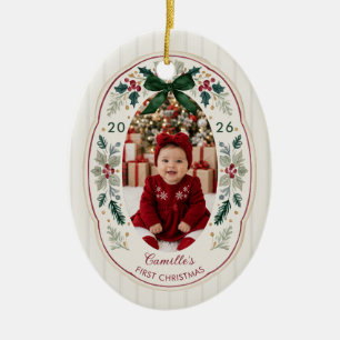 Baby's erstes Weihnachtsfest Stechpalme & Schleife Keramik Ornament