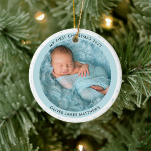Baby's erstes Weihnachtsfest Zwei Foto-Schneeflock Keramik Ornament