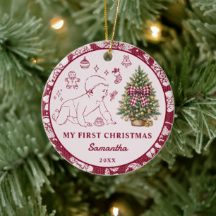 Baby's erstes Weihnachtsfoto Burgunder Spitze Keramik Ornament