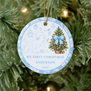 Baby's erstes Weihnachtsfoto Dusty Blue Spitze Keramik Ornament