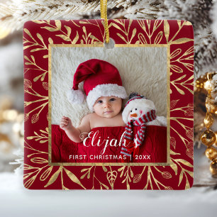 Babys erstes Weihnachtsfoto Goldfoliage Rot Keramikornament