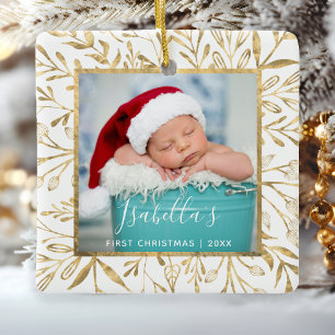 Babys erstes Weihnachtsfoto Goldfoliage Weiß Keramikornament
