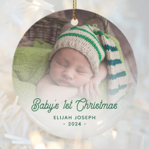 Baby's erstes Weihnachtsfoto grüne Retro-Schrift Keramik Ornament