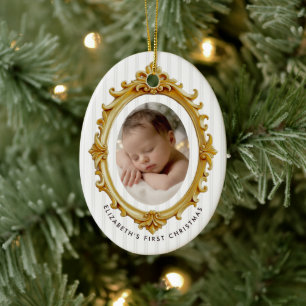 Baby's erstes Weihnachtsfoto im Vintage-Goldrahmen Keramik Ornament