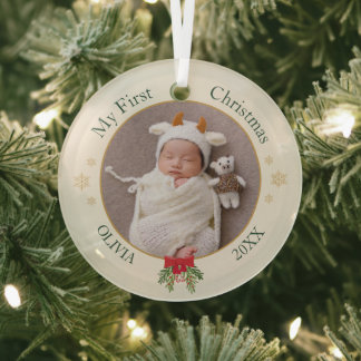 Baby's erstes Weihnachtsfoto mit Namen und Datum Ornament Aus Glas