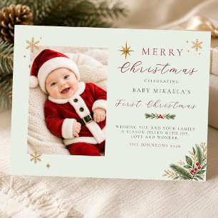 Baby's erstes Weihnachtsfoto Sanftes Salbei Feiertagspostkarte