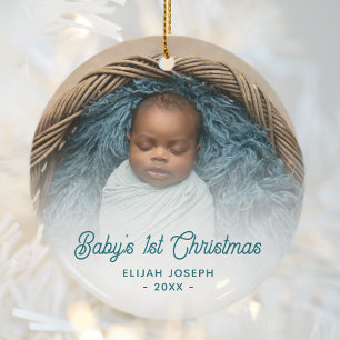 Baby's erstes Weihnachtsfoto Teal Retro Schriftzug Keramik Ornament