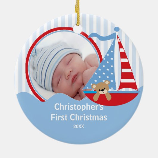 Babys erstes WeihnachtsFoto-Verzierungs-Segelboot Keramik Ornament (Hinten)