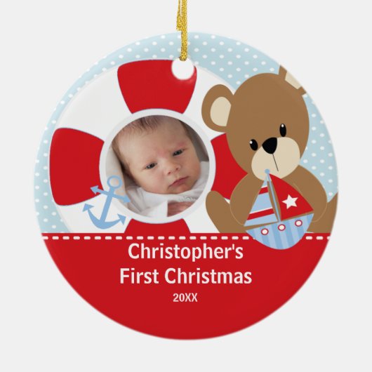 Babys erstes WeihnachtsFoto-Verzierungs-Segelboot Keramikornament (Hinten)