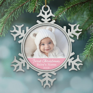 Babys erstes Weihnachtsgebäck Foto Rosa Girl Hinte Schneeflocken Zinn-Ornament