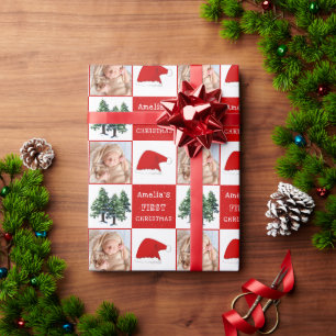 Baby's erstes Weihnachtsmann-Hut-Schnee-Baum-Foto Geschenkpapier