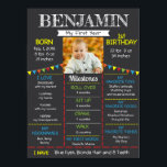 Baby's First Birthday Foto Poster<br><div class="desc">Dieses Plakat ist eine niedliche Ergänzung zur ersten Geburtstagsfeier deines Kindes. Der Hintergrund ist kohlegrau und in hellen Farben dekoriert. Fügen Sie ein Foto Ihres Kindes hinzu und personalisieren Sie das Poster mit all seinen Favoriten und Meilensteinen.</div>