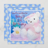 Baby's First Birthday Teddy Bear & Daisies Einladung (Vorne/Hinten)