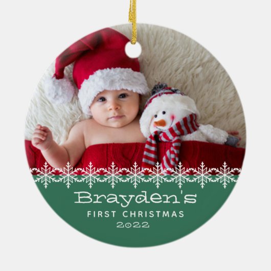 Baby's First Christmas 2023 Foto Green Keramik Ornament (Hinten)